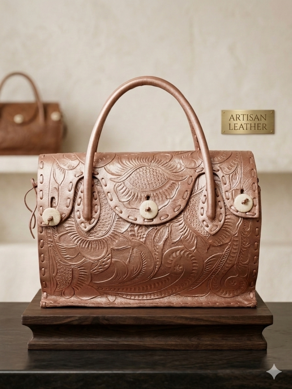 Grace Continental Carving Tribes Metallic Rose Gold  Hand-Tooled Leather Bag